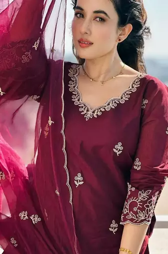 Beautiful wine ceremonial dress with embroidered on viscosee silk 