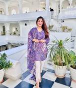 Beautiful purple ceremonial dress with printed work on viscosee fabric