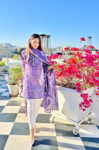 Beautiful purple ceremonial dress with printed on viscosee 