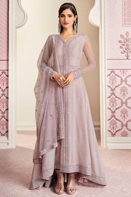 Lilac embroidery sequins work art silk anarkali churidar - full stitched 1