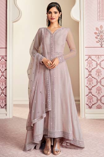 Lilac embroidery, sequins work art silk anarkali churidar - full stitched