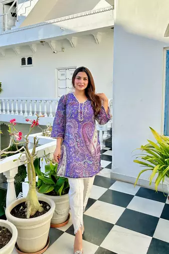 Beautiful purple ceremonial dress with printed on viscosee 