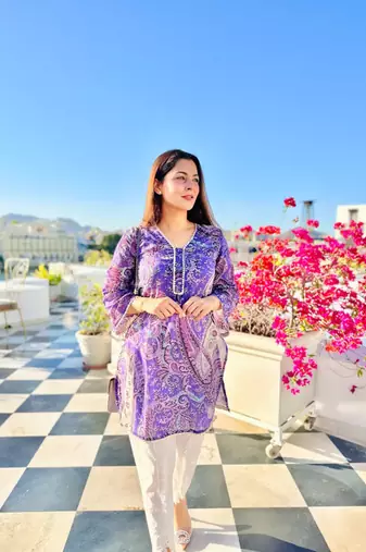 Beautiful purple ceremonial dress with printed on viscosee 