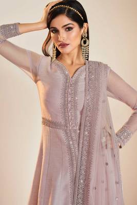 Lilac embroidery sequins work art silk anarkali churidar - full stitched 2