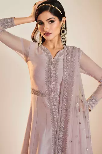 Lilac embroidery sequins work art silk anarkali churidar - full stitched