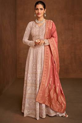 Peach woven embroidery, sequins work georgette anarkali palazzo - full stitched 1