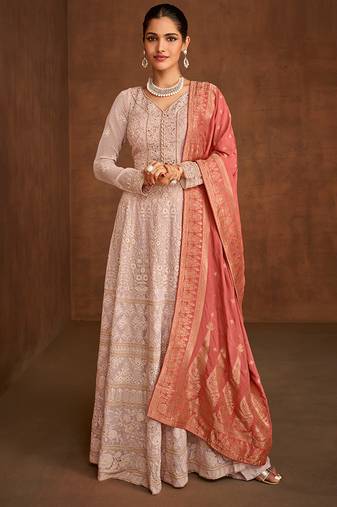 Peach woven embroidery, sequins work georgette anarkali palazzo - full stitched