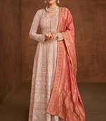 Peach woven embroidery, sequins work georgette anarkali palazzo - full stitched