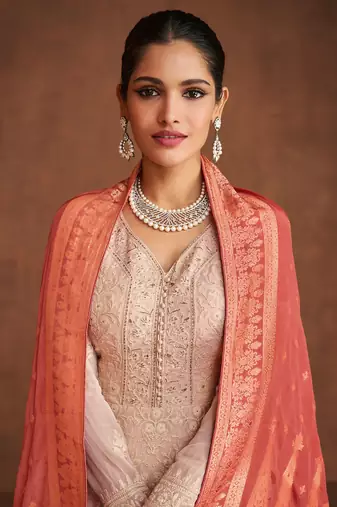 Peach woven embroidery, sequins work georgette anarkali palazzo - full stitched