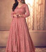 Rose gold woven embroidery, sequins work georgette anarkali- full stitched