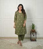 Beautiful mehndi green ceremonial dress with designer embroidered work work on cotton fabric