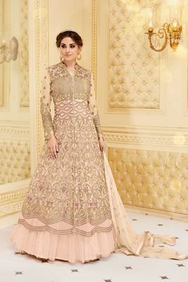 Peach zari embroidery sequins work net anarkali- full stitched 1
