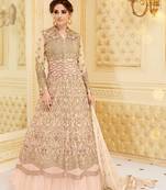 Peach zari embroidery sequins work net anarkali- full stitched