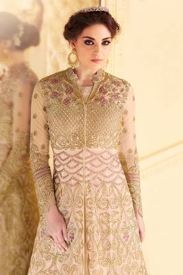 Peach zari embroidery sequins work net anarkali- full stitched 2