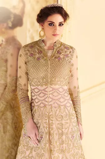 Peach zari embroidery sequins work net anarkali- full stitched