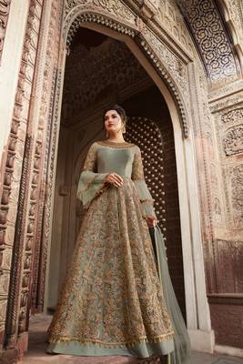 Green zari embroidery sequins work net anarkali- full stitched 1