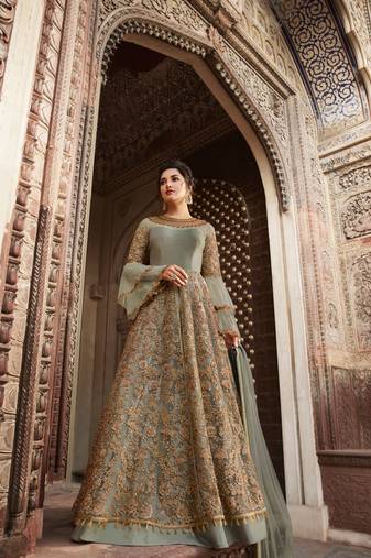 Green zari embroidery, sequins work net anarkali- full stitched