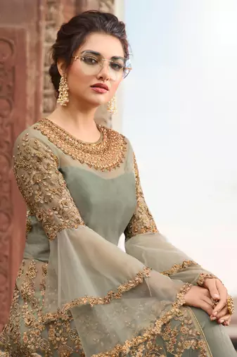 Green zari embroidery sequins work net anarkali- full stitched