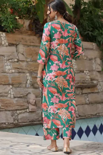 Beautiful green ceremonial dress with printed on viscosee 