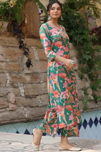 Beautiful green ceremonial dress with printed on viscosee 