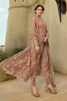 Dusty pink zari embroidery sequins work net anarkali - full stitched 1