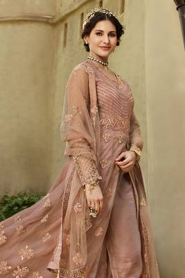 Dusty pink zari embroidery sequins work net anarkali - full stitched 2
