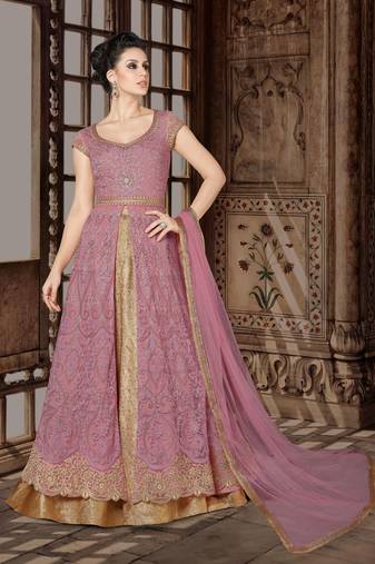 Pink zari embroidery sequins work georgette anarkali - full stitched