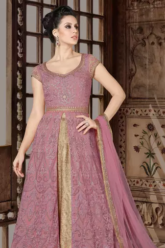 Pink zari embroidery sequins work georgette anarkali - full stitched