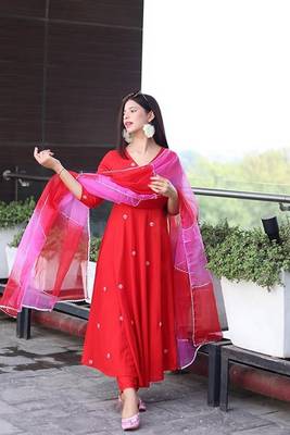 Beautiful red ceremonial dress with embroidered on viscosee  1