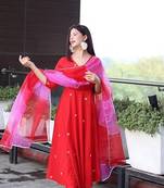 Beautiful red ceremonial dress with embroidered work work on viscosee fabric