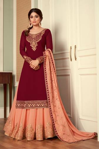 Maroon zari embroidery, sequins work georgette straight - full stitched