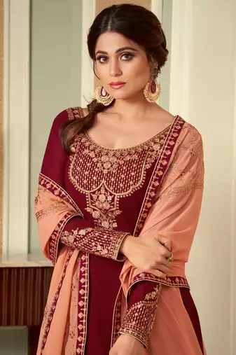 Maroon zari embroidery, sequins work georgette straight - full stitched