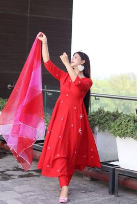 Beautiful red ceremonial dress with embroidered on viscosee  4