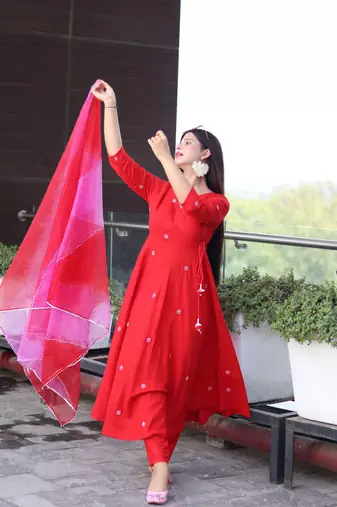 Beautiful red ceremonial dress with embroidered on viscosee 