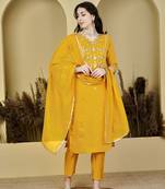 Yellow chanderi silk fabric designer embroidery work ethnic festive salwar kameez