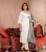 White viscosee chanderi fabric embroidery work ethnic festive salwar kameez