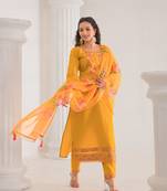 Mustard viscose chanderi fabric designer embroidery work ethnic festive salwar kameez