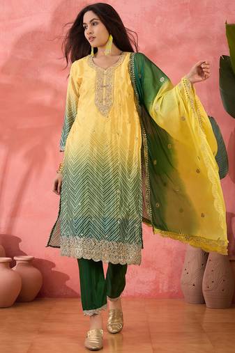 Yellow chinon silk fabric salwar suit with designer printed and embroidery work