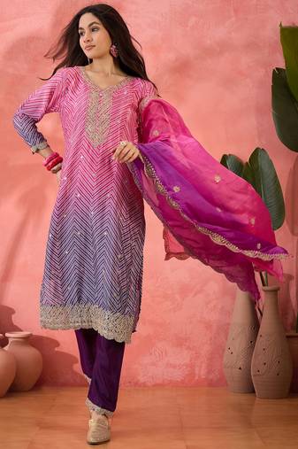 Purple chinon silk fabric salwar suit with designer printed and embroidery work