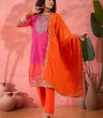 Orange chinon silk fabric salwar suit with designer printed and embroidery work