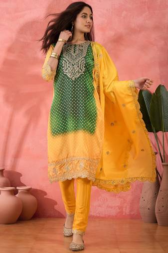 Yellow chinon silk fabric salwar suit with designer printed and embroidery work