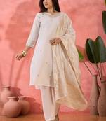 Off white roman silk suit designed with embroidery work and wevon 