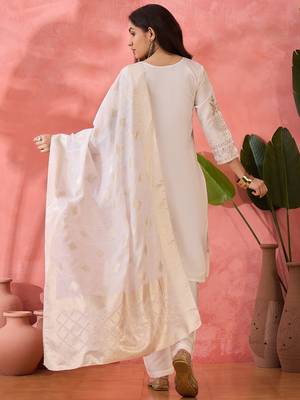 Off white roman silk suit designed with embroidery and wevon  2
