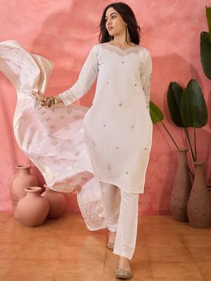 Off white roman silk suit designed with embroidery and wevon  4