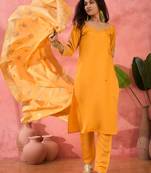 Yellow roman silk suit designed with embroidery work and wevon 