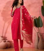 Pink roman silk suit designed with embroidery work and wevon 
