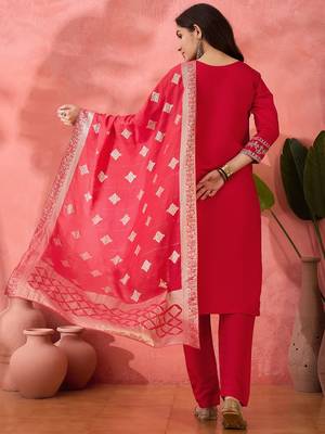 Pink roman silk suit designed with embroidery and wevon  2