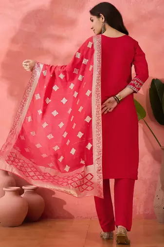 Pink roman silk suit designed with embroidery and wevon 