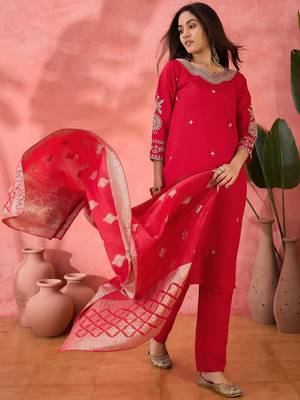Pink roman silk suit designed with embroidery and wevon  4