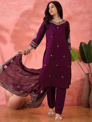 Wine roman silk suit designed with embroidery work and wevon designer 1